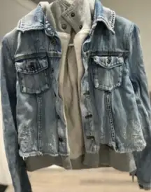 Free People Jean Jacket Womens Small Double Weave Denim Hooded Distressed Chewed