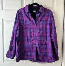 LL Bean Purple Plaid Flannel Fleece Lined Shirt Shacket Button Front Womens Sm