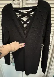 Love By‎ Design Black Fuzzy Soft Open Knit Textured Cardigan Size M Lace Up Back