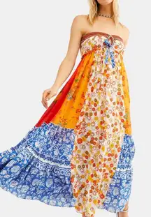 Free People Golden Dreams Maxi Dress Boho Floral Patchwork Strapless Tiered M
