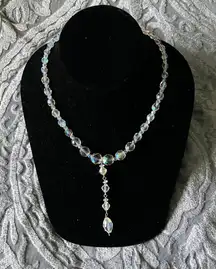 Vintage 50s Clear Crystal Aurora Borealis AB Iridiescent Glass Beaded Y Necklace