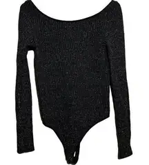 Free People  Intimately Bodysuit Long Sleeve Snap Metallic Black Medium NWT