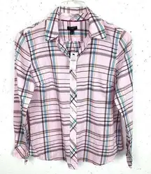 Talbots  Petite Classic Cotton Button Up Shirt Field Plaid Pink Multi Size P