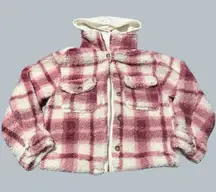Pink White Sherpa Jacket Women’s no boundaries small oversized plaid pockets