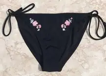 Black and Pink  Floral Embroidered String Bikini Bottoms