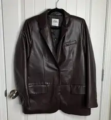 Zara brown faux leather blazer jacket blogger favorite medium minimalist