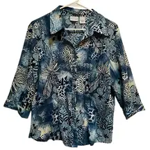 Kim Rogers Button Down Blouse Blue White Hawaiian Floral 3/4 Sleeve L