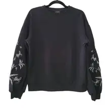 Womens Black w/ Silver Metallic Floral Embroidered Long Balloon Sleeve Blouse S