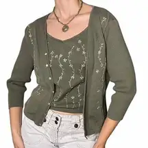Gorgeous green floral knit tank and sweater two piece set - 100% cotton