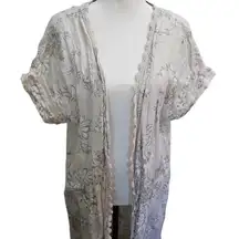 Elena Baldi Linen Duster Lace Floral Patterned Cream Kimono Made In Italy M-L
