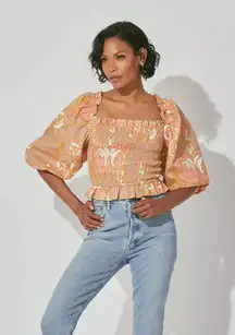 Cleobella Morgan Blouse Size‎ Medium Smocked Cropped Puff Sleeve Bohemian Chic