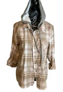 NO‎ Comment Pink Tan Plaid Button Up Hoodie Size Large. Super cute!