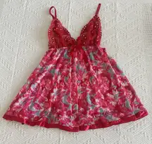 Women’s Pink & Red Mesh Lace & Sequins Babydoll Lingerie Top Sz S Small
