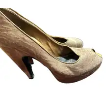Prada Calf Hair Peep Toe Heels Taupe Gold Trim Platform Stiletto Size 39