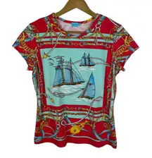 J McLaughlin‎ Nautical Sailboat Print Tee Medium Red Catalina Cloth Coastal Slim