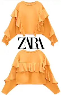 NWT Womens ZARA Orange Ruffle Sweatshirt Pullover top size Small