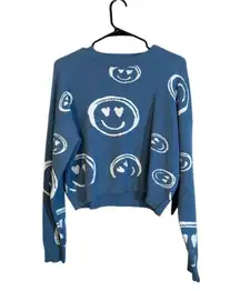 Debut Blue White Smiley Long Sleeve Crew Neck Cropped Knt Sweater Women Sz M