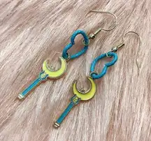 Blue Heart Link Moon Wand Earrings