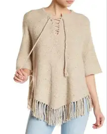 Joie Pedra Lace-Up Fringe Wool Blend Knit Sweater