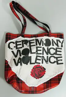 Handmade Red Black Plaid Checkered ‘Ceremony: Violence Violence’ Punk Hardcore Alt Band Patch Studded Leather Tote Shoulder Bag Purse Pocketbook Handbag Satchel 🌹🔪