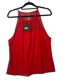 DKNY Top Womens L Red Poppy Sleeveless Mesh‎ Top Xmas Party Event Casual NEW