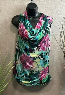 #110 Dana Buchman multicolored swoop neck, blouse, size medium