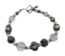 925 Silver & Clear Glass Beads Beaded Bracelet Marked Charms