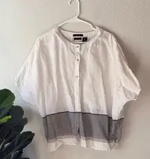 Tahari Linen button up collarless Blouse in White and gray small