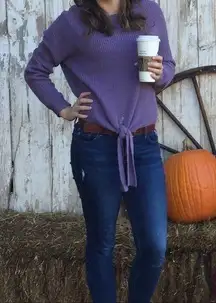 Purple cropped tie front sweater