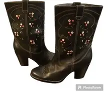 Seychelles  Floral Embroidered Black Leather Cowboy Heeled Boots