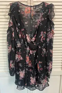 Rue 21‎ Sheer Floral Romper Long Sleeve Black Pink Cold Shoulder Size L