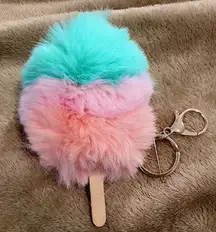 W Pink & Mint Fuzzy Ice Cream Pom Pom Keychain