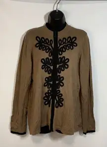 Bob Mackie Womens Jacket Full Zip Embellished Floral Knitted Brown XL