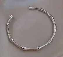 Silver Bamboo Style Open Cuff Bracelet Minimalist Adjustable Bangle NWT