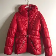 H&M red puffer jacket with belt attached size 16 ladies medium Y2K