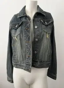 Y2k Double Edition Grunge Distressed Cropped Denim Jacket Size L Dark Blue Wash