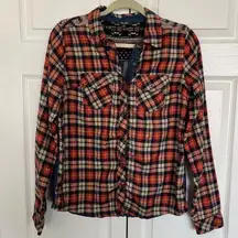Women’s Miss Me Flannel Plaid and Jean Aztec Print Shirt Size S