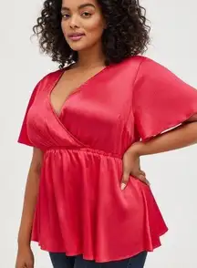 Torrid Magenta Red Lily Shiny Gauze V-Neck Babydoll Surplice Top Women's 2/2X