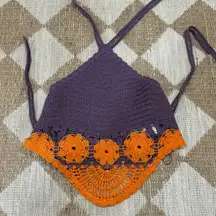 ZARA crochet knit halter neck crop top lace floral flowers plum orange 2142/157