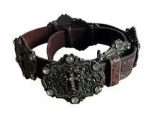 Tony Lama Brown Tooled Leather Swarovski‎ Crystals Concho Cross Western Belt 38