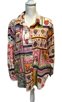 Calypso St. Barth 1X Cotton Button Front Blouse Boho Patchwork Floral