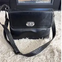 Vintage Black Leather Box Crossbody or Shoulder Bag Flap Close Silver Hardware