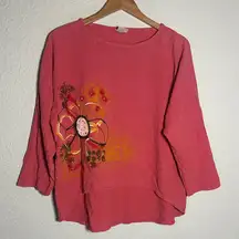 Oh My Gauze! Coral Floral Top Painted Flower Size 1 Medium Lagenlook Boho Casual