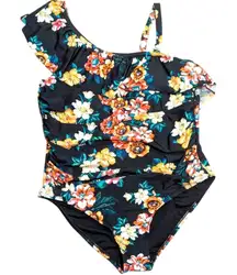 Boutique Plus 2X Swimsuit Floral‎ Print Sexy 1 Piece Swim Suit 1 Shoulder Ruffle