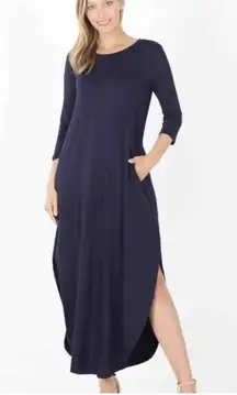 Zenana Outfitters half sleeve Maxi dress with pockets navy blue Small