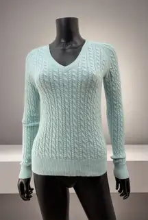 Ann Taylor 100% Cashmere Cable Knit V-Neck Sweater Women's S Mint Green