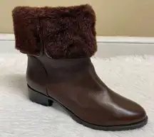 H By Halston Caroline Brown Leather Ankle Boot Faux Fur Size 7