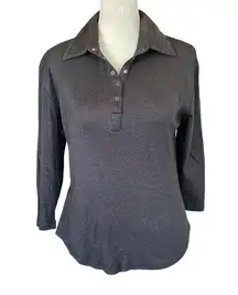 ladies size small black 3/4 sleeve collared snap front stretchy shirt