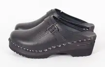 Troentorp Donatello black wood & leather clog mules womens size 39 Swedish clogs