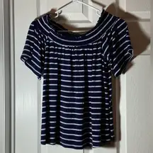 women’s regular Paper +Tee Striped Off The Shoulder Blouse shirt navy white EUC